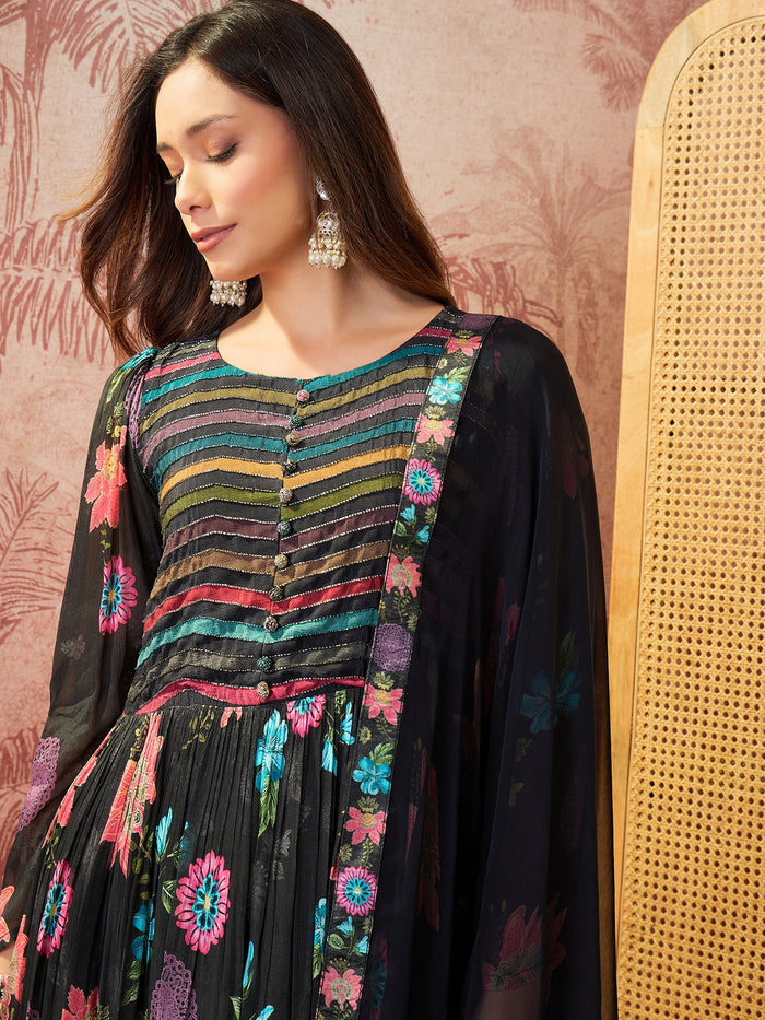 Black Printed Crepe Dress Set