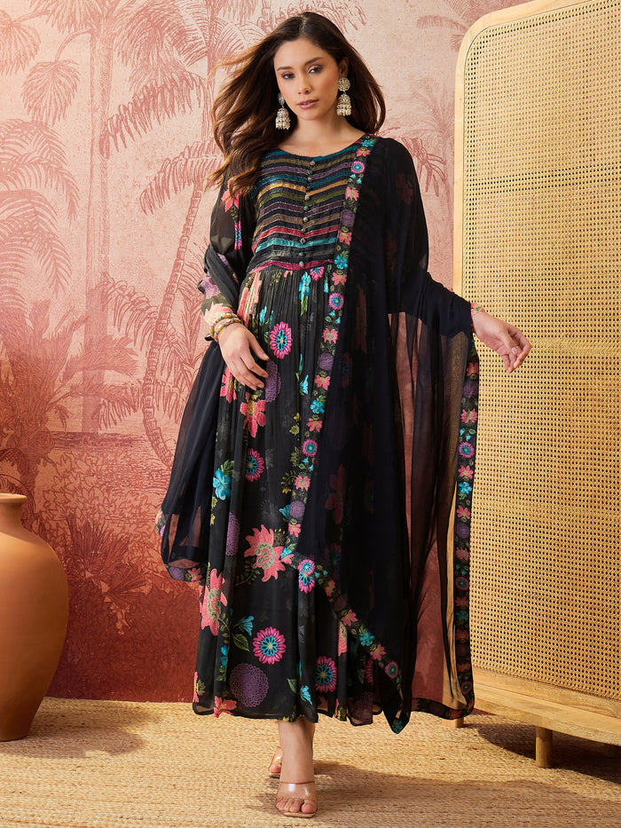Black Printed Crepe Dress Set