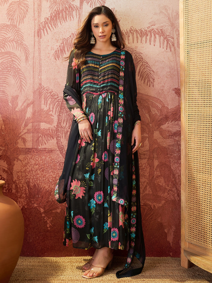 Black Printed Crepe Dress Set