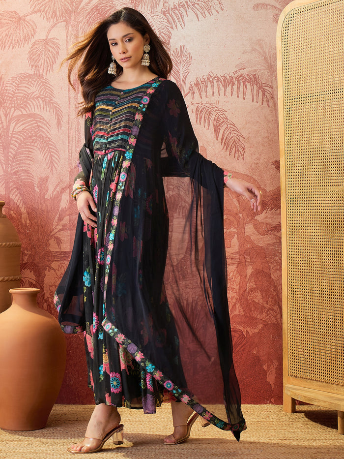 Black Printed Crepe Dress Set