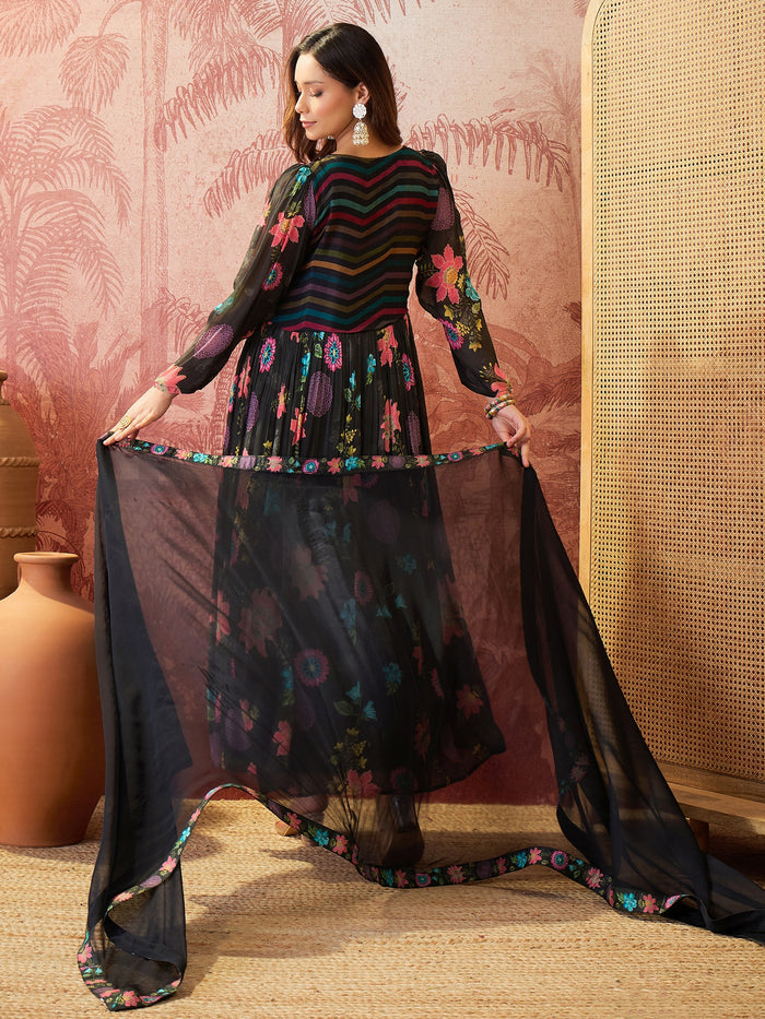 Black Printed Crepe Dress Set