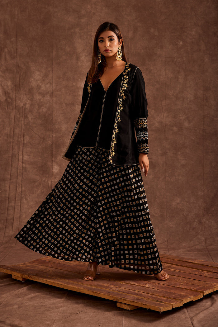 <img> Black Pure Chinon Sharara Set With Jacket