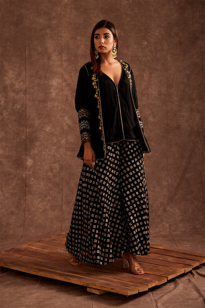 <img> Black Pure Chinon Sharara Set With Jacket