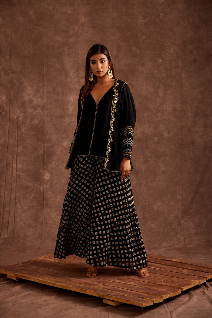 <img> Black Pure Chinon Sharara Set With Jacket