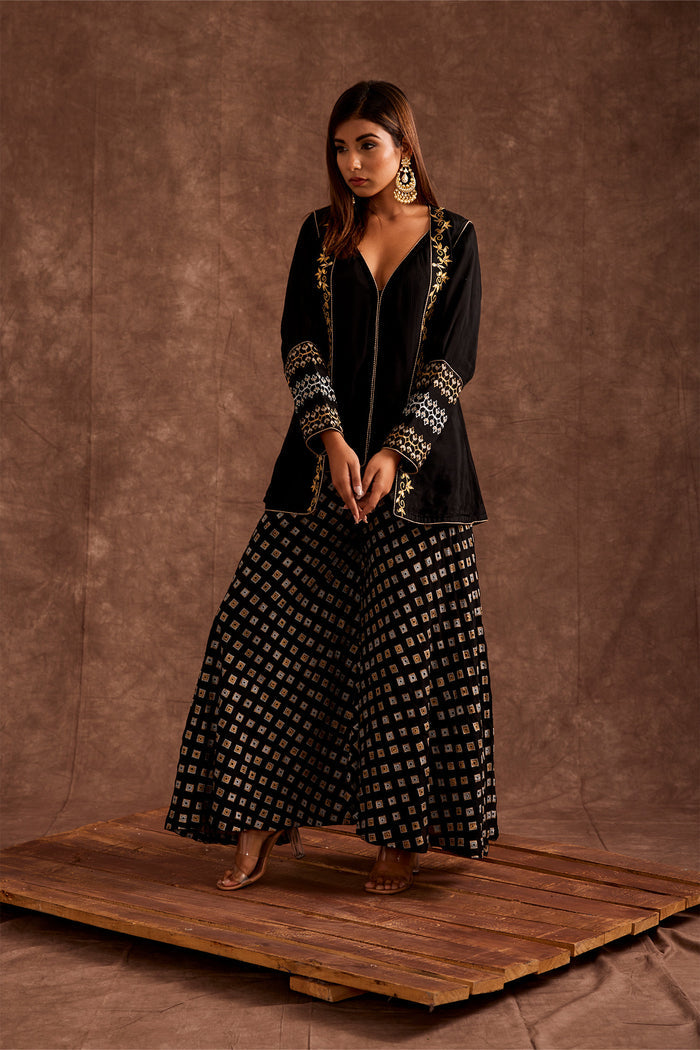 <img> Black Pure Chinon Sharara Set With Jacket