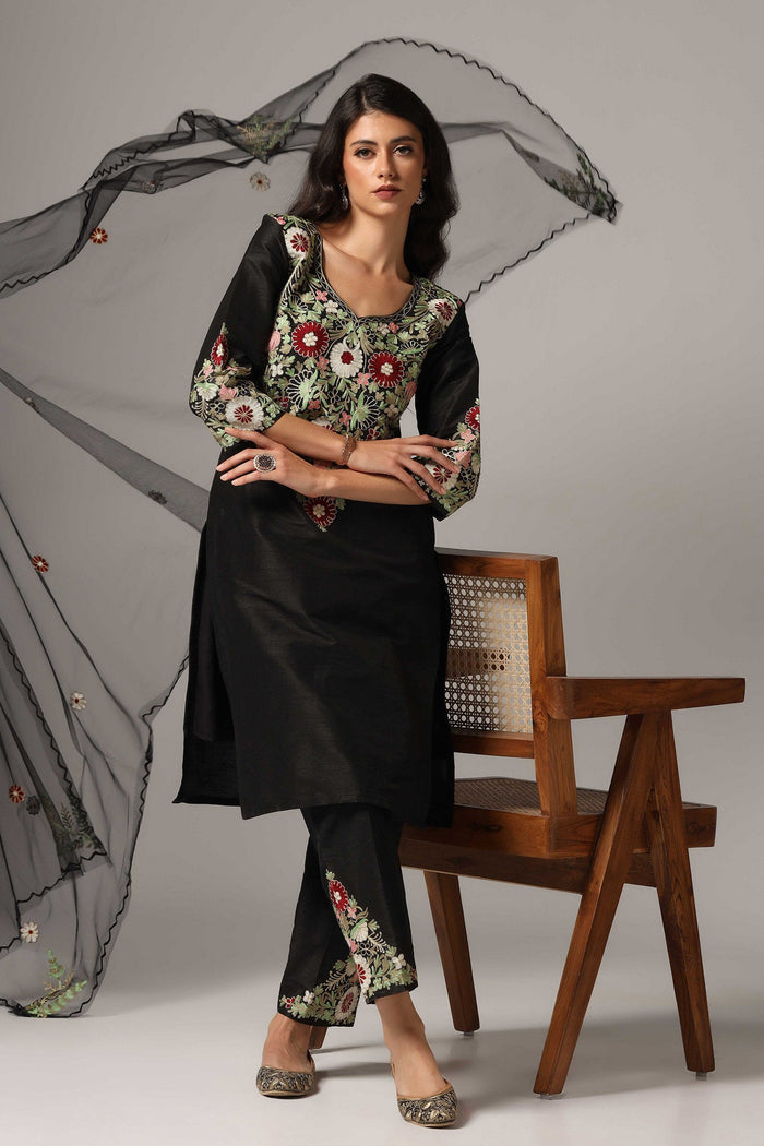Black Raw Silk Kurti With Pants And  Dupatta