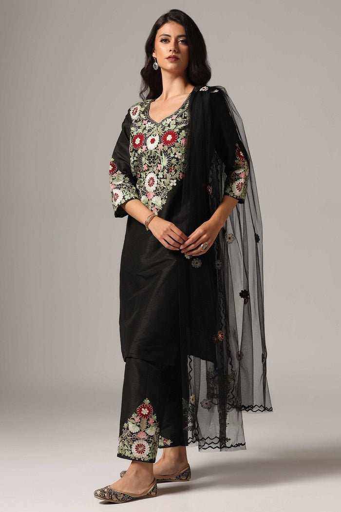 Black Raw Silk Kurti With Pants And  Dupatta
