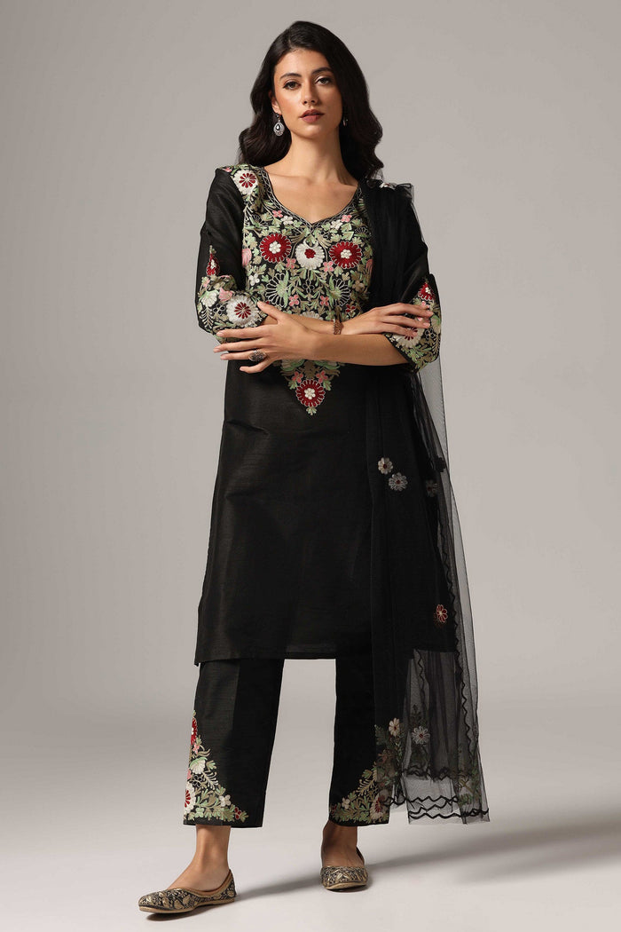 Black Raw Silk Kurti With Pants And  Dupatta