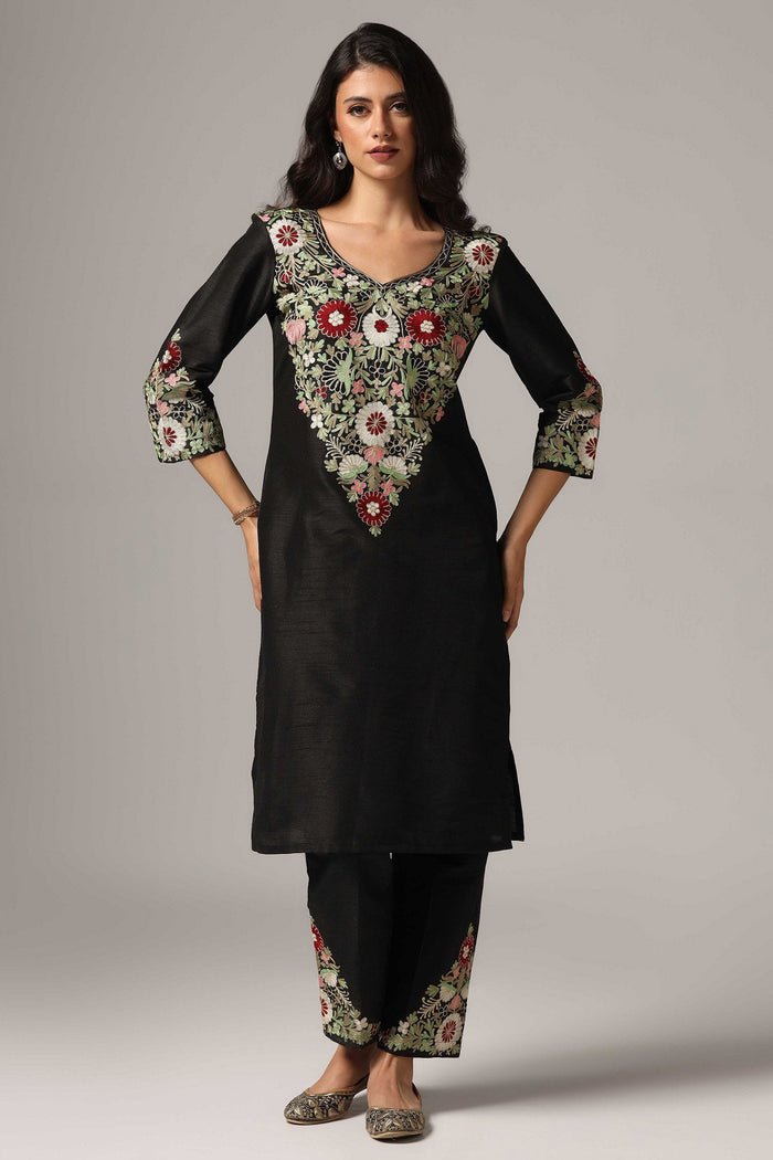 Black Raw Silk Kurti With Pants And  Dupatta