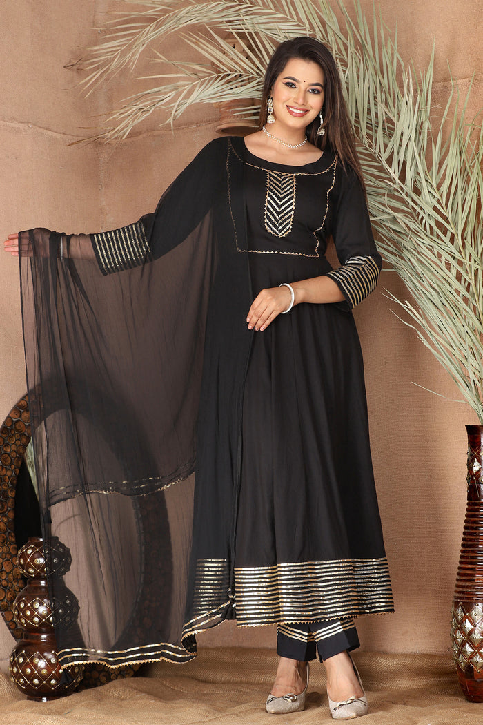 Black Rayon Gota Work Anarkali Set