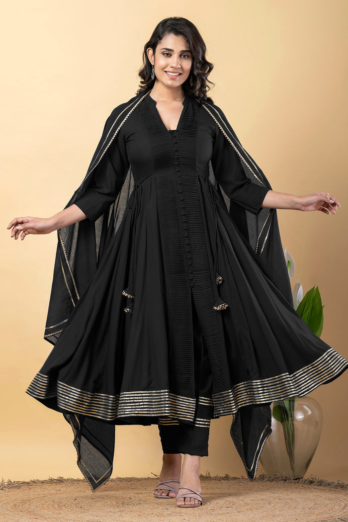 Black Rayon Gota Work Anarkali Set