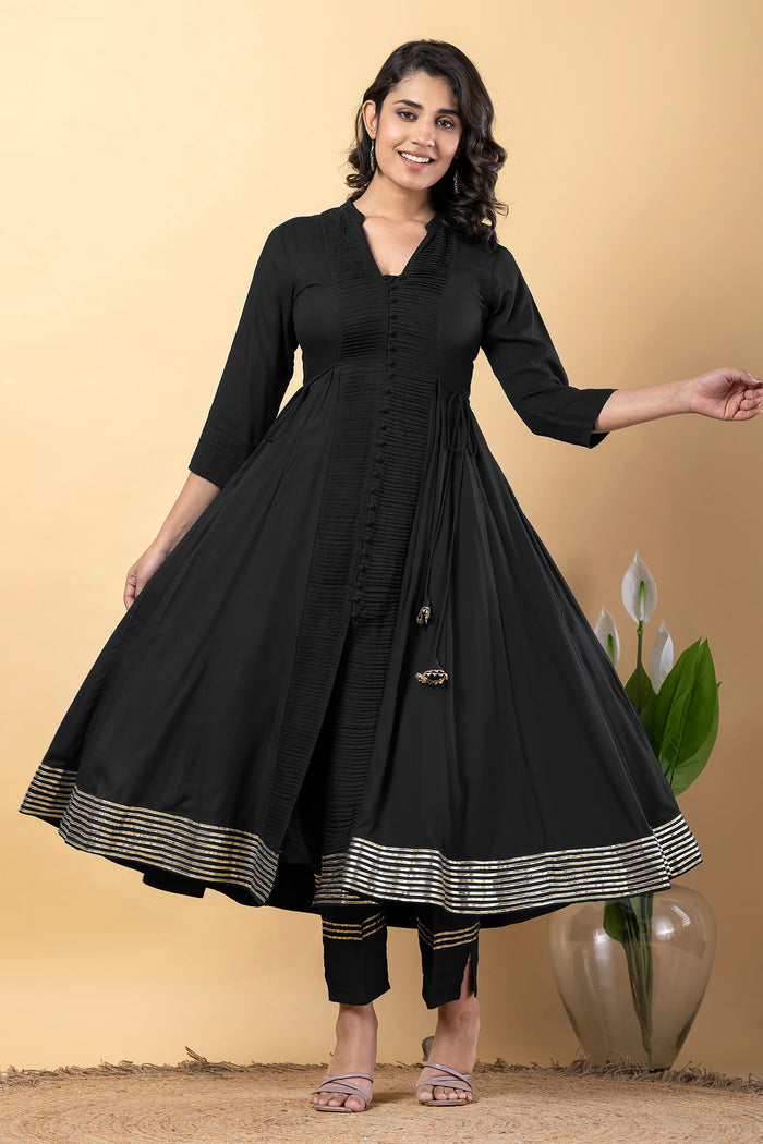 Black Rayon Gota Work Anarkali Set