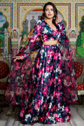 <img> Black Satin Lehenga Set With Floral Prints