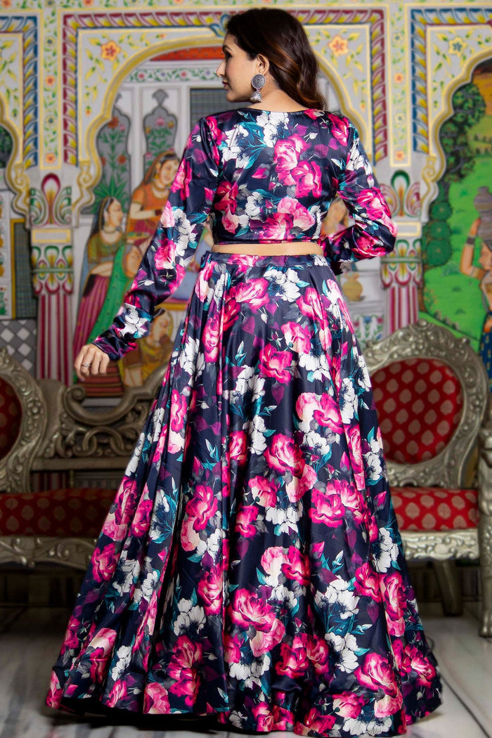 <img> Black Satin Lehenga Set With Floral Prints