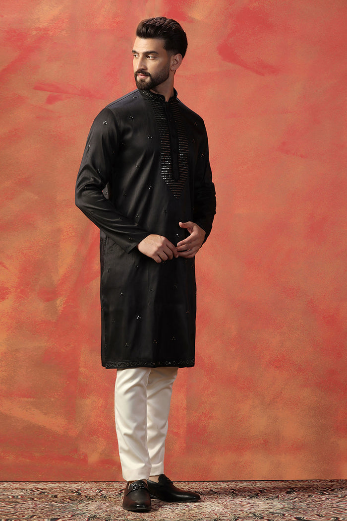 Black Silk Blend Designer Neckline Kurta Set