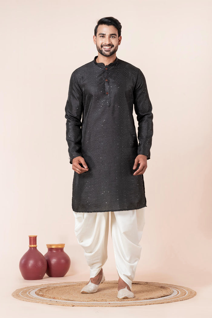 Black Silk Blend Embroidered Dhoti Set