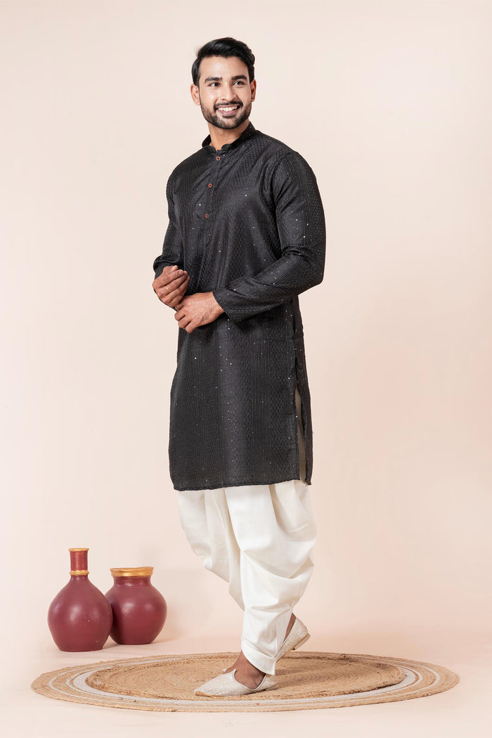 Black Silk Blend Embroidered Dhoti Set
