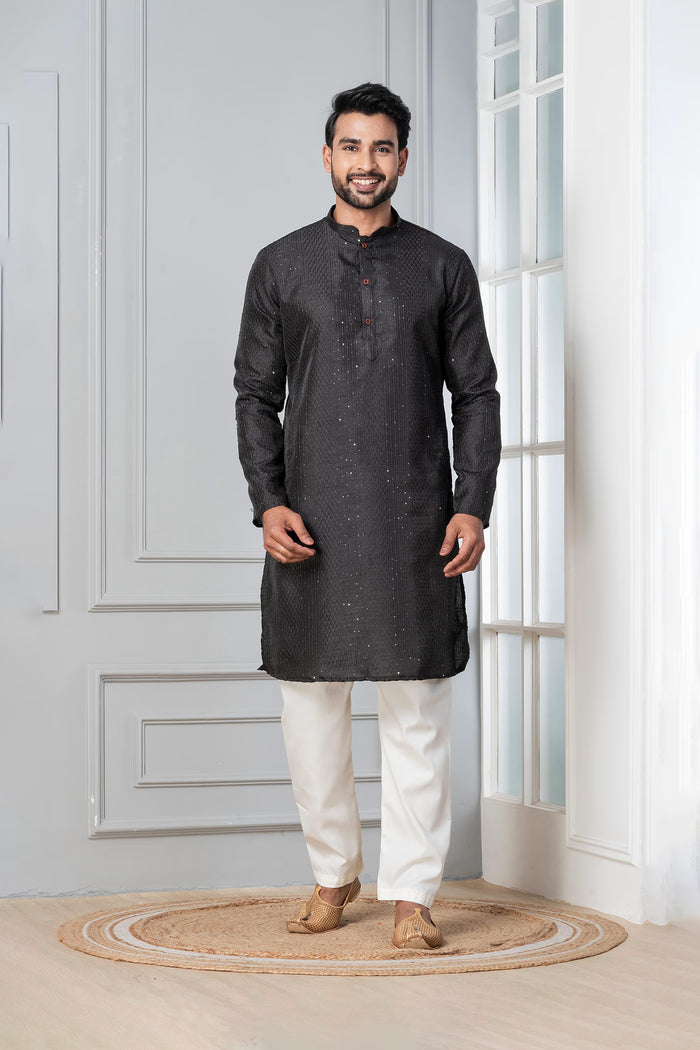 Black Silk Blend Embroidered Kurta Set