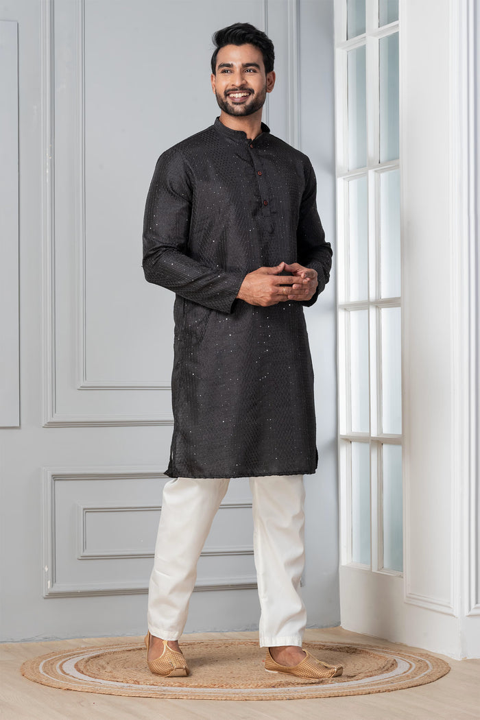 Black Silk Blend Embroidered Kurta Set
