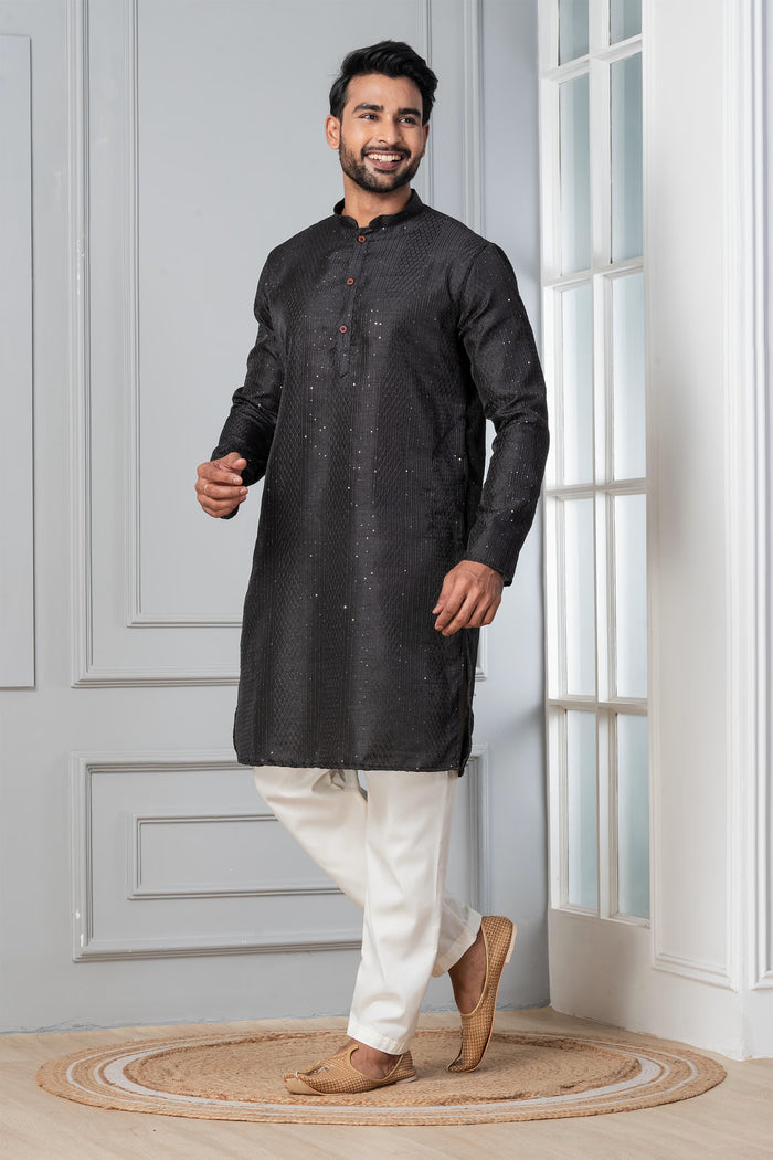 Black Silk Blend Embroidered Kurta Set