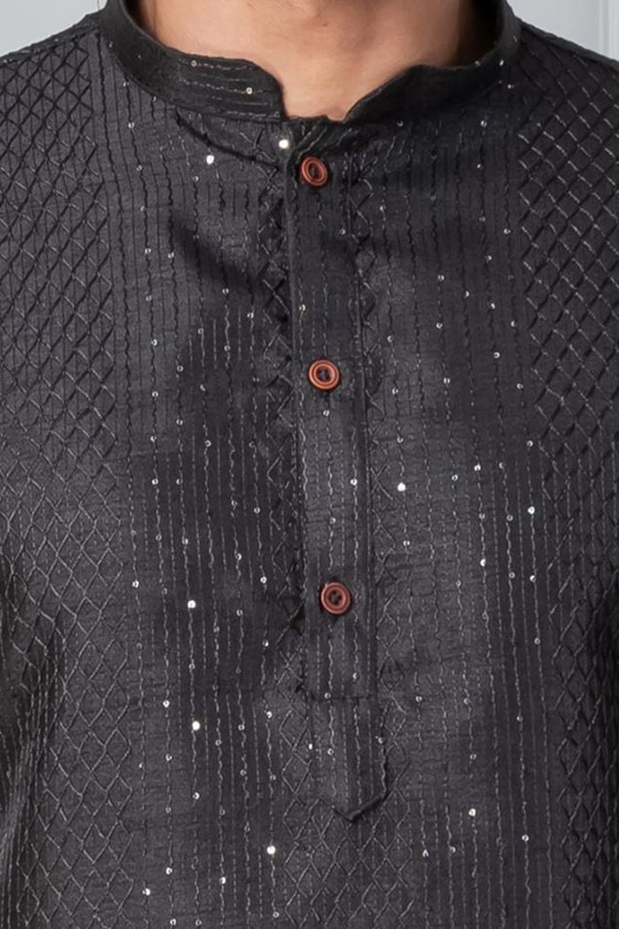 Black Silk Blend Embroidered Kurta Set