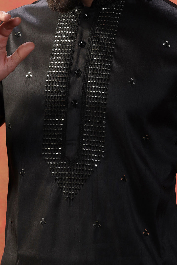 Black Silk Blend Embroidered Kurta Set