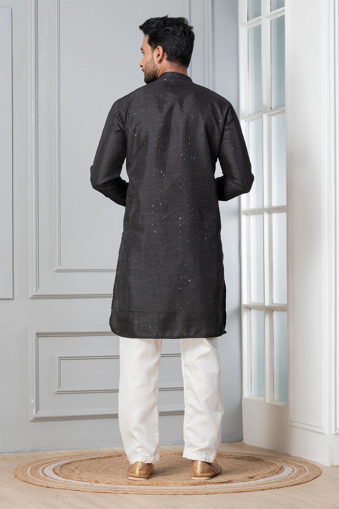 Black Silk Blend Embroidered Kurta Set