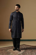 Black Silk Blend Embroidered Kurta