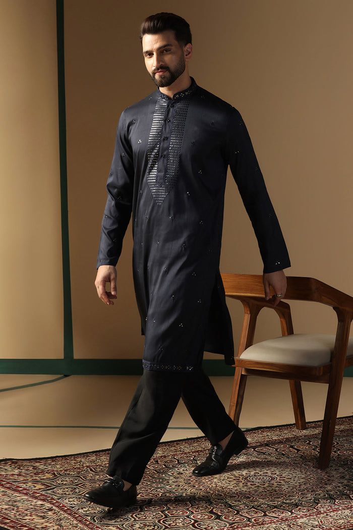 Black Silk Blend Embroidered Kurta