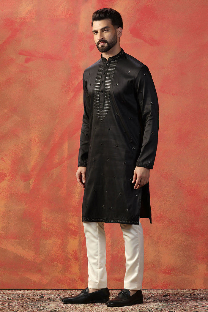Black Silk Blend Embroidered Kurta
