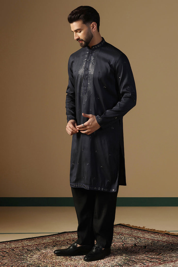 Black Silk Blend Embroidered Kurta