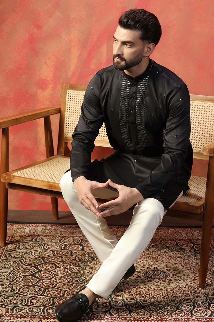Black Silk Blend Embroidered Kurta