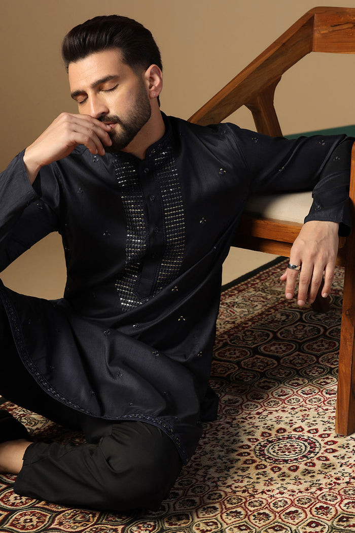 Black Silk Blend Embroidered Kurta