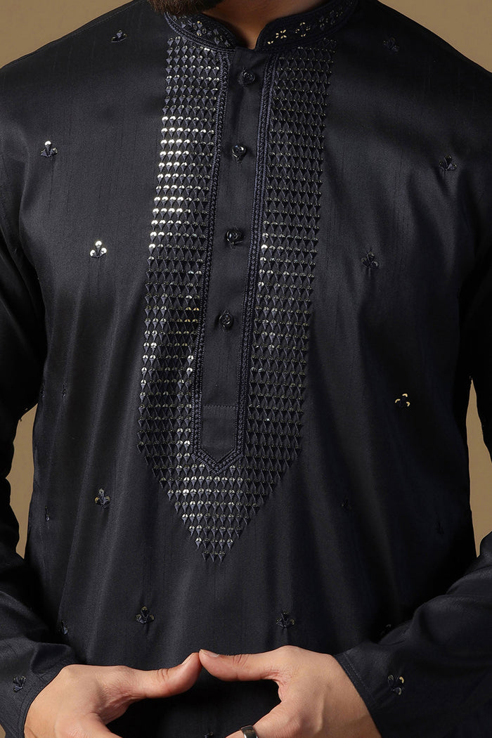 Black Silk Blend Embroidered Kurta