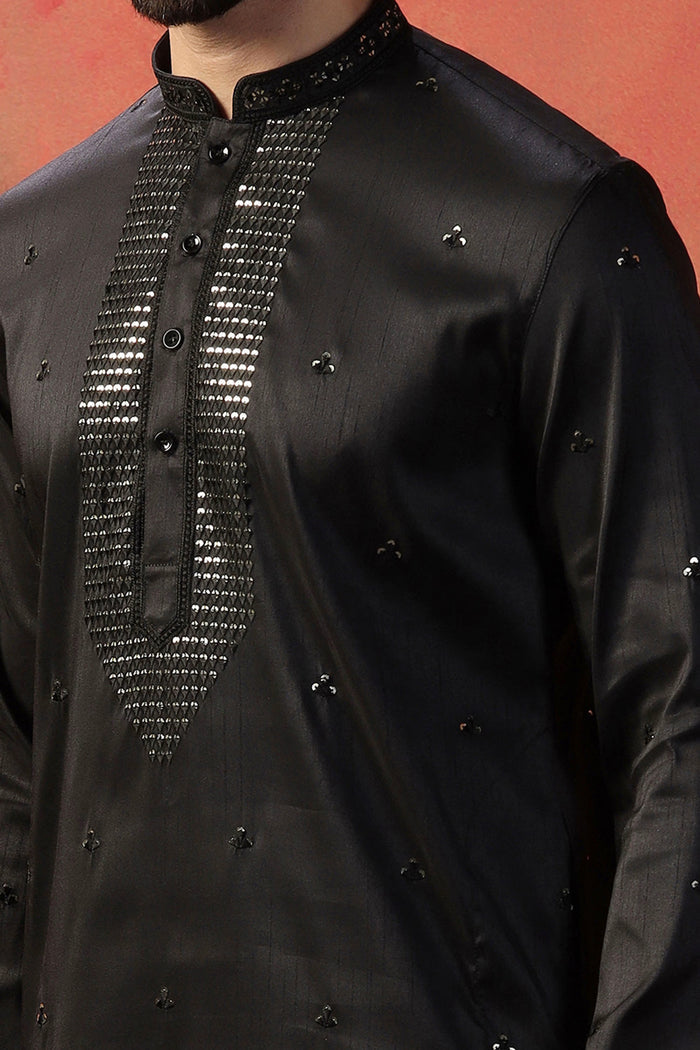 Black Silk Blend Embroidered Kurta