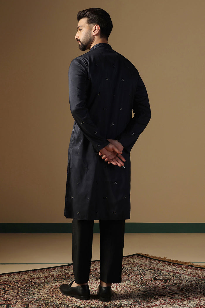 Black Silk Blend Embroidered Kurta