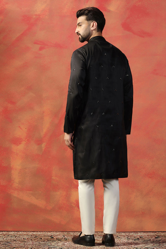 Black Silk Blend Embroidered Kurta