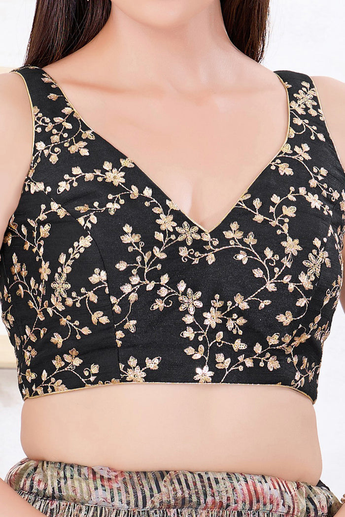 Black Silk Floral Embroidered Blouse