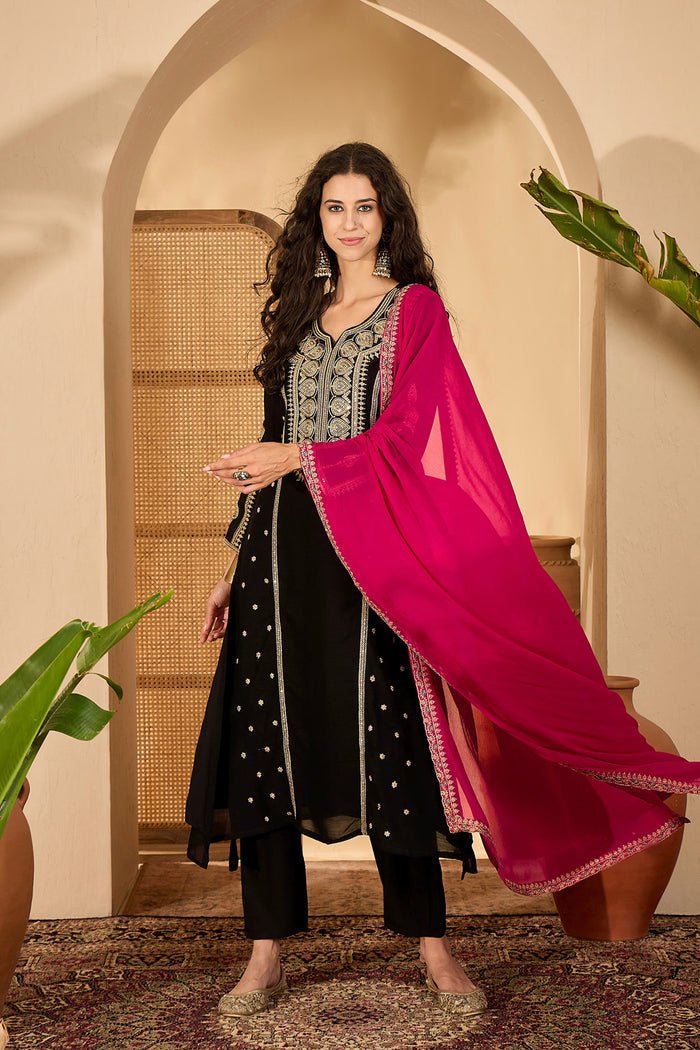Black Silk Sequin Work Kurta Set