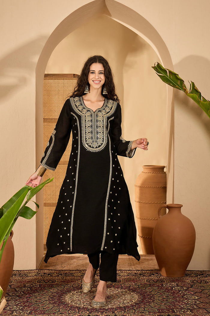 Black Silk Sequin Work Kurta Set