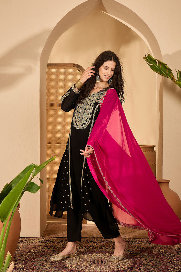 Black Silk Sequin Work Kurta Set
