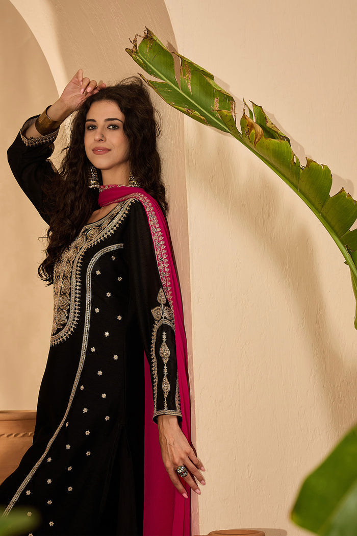 Black Silk Sequin Work Kurta Set