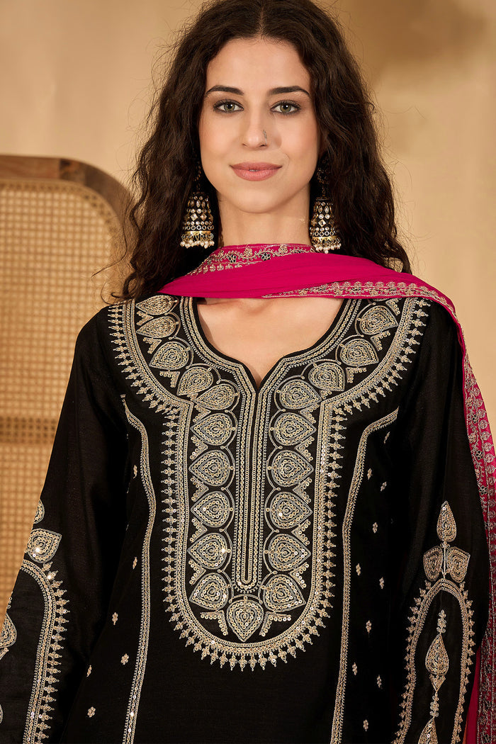 Black Silk Sequin Work Kurta Set