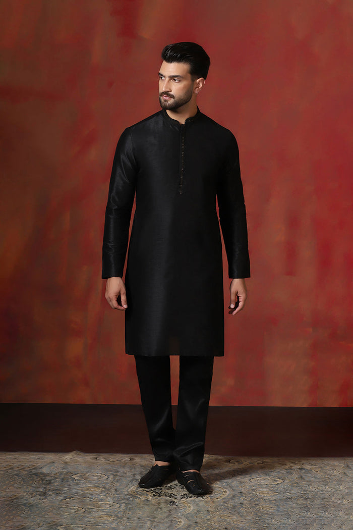 Black Solid Dupion Kurta Set