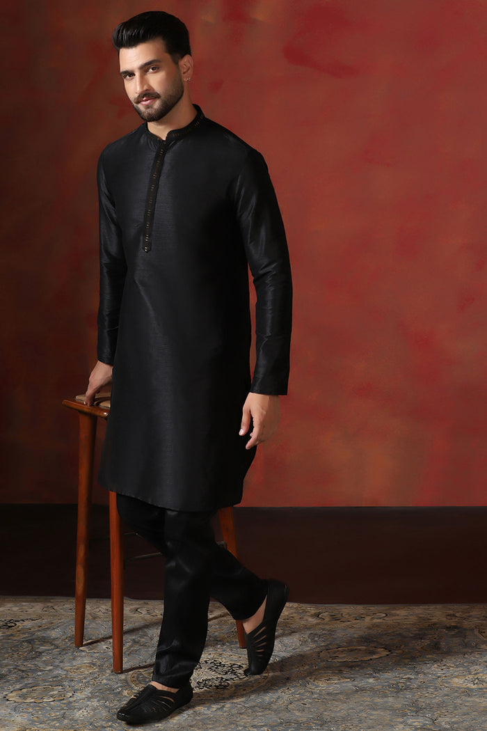 Black Solid Dupion Kurta Set