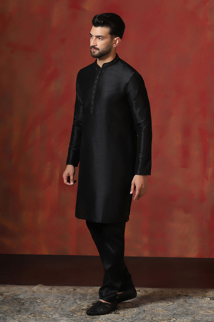 Black Solid Dupion Kurta Set