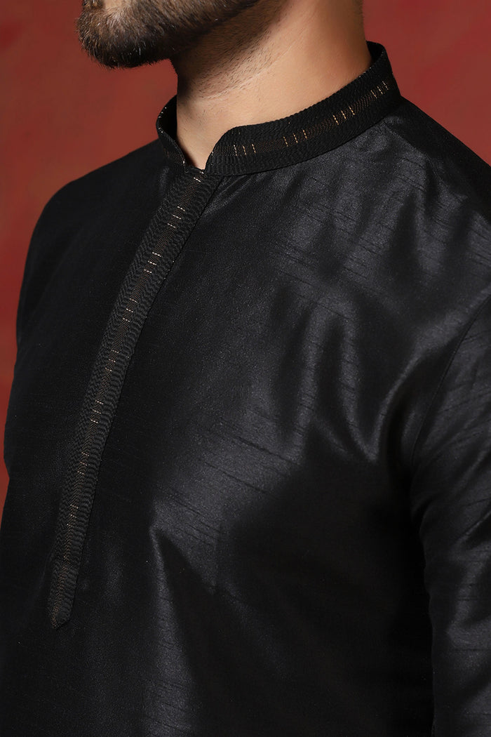 Black Solid Dupion Kurta Set