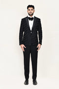 Black Three Piece Jacquard Suit Set With Bow