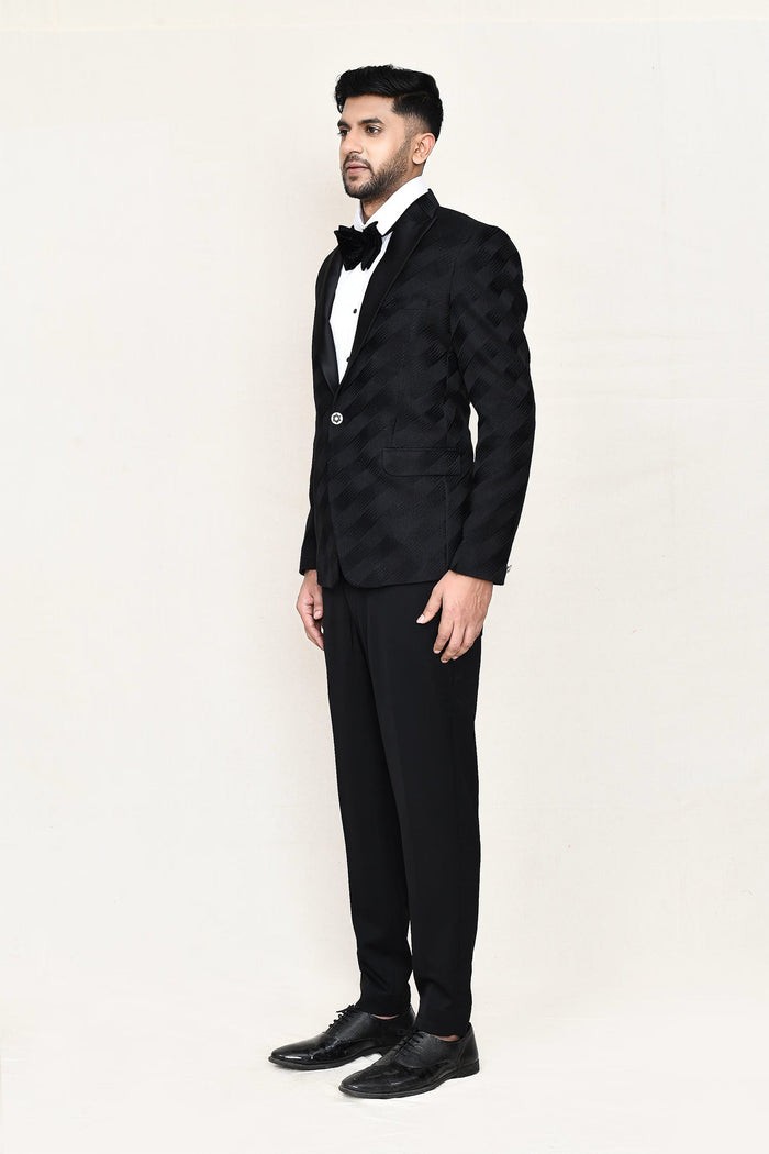 Black Three Piece Jacquard Suit Set With Bow