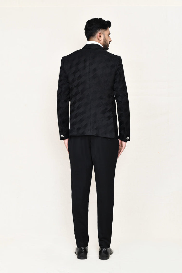 Black Three Piece Jacquard Suit Set With Bow